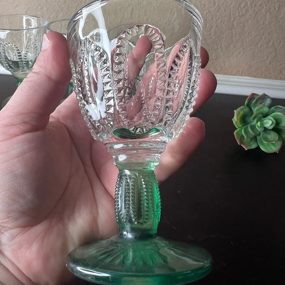 Vintage 1970's Avon Emerald Accent Cordials | Fostoria Glass Set